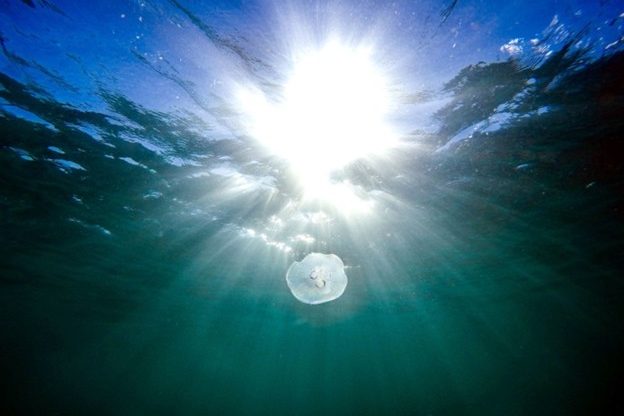 Persönlichkeitsentwicklung Sonnenstrahlen brechen durch das Wasser, mit einem Lichtschein über dem Meer.